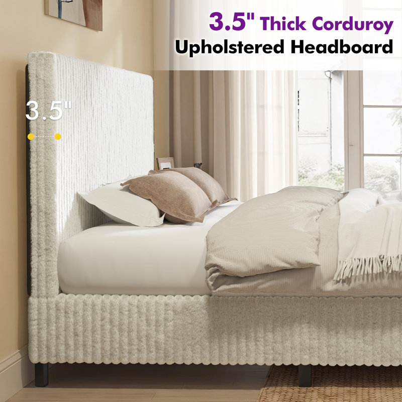 Twin Size Modern Upholstered Bed Frame with Vertical Corduroy Headboard,Cream, Twin, Cream