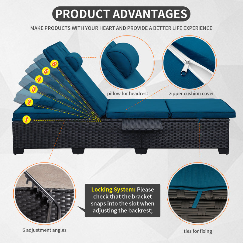 Persei Outdoor Wicker Chaise Lounge with Foldable Side Table, Peacock Blue