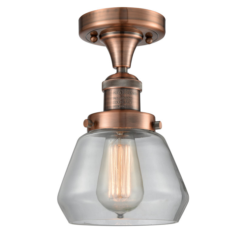 Argueta Glass Semi Flush Mount, 6 Watt Vinage LED Bulb, Clear, Antique Copper