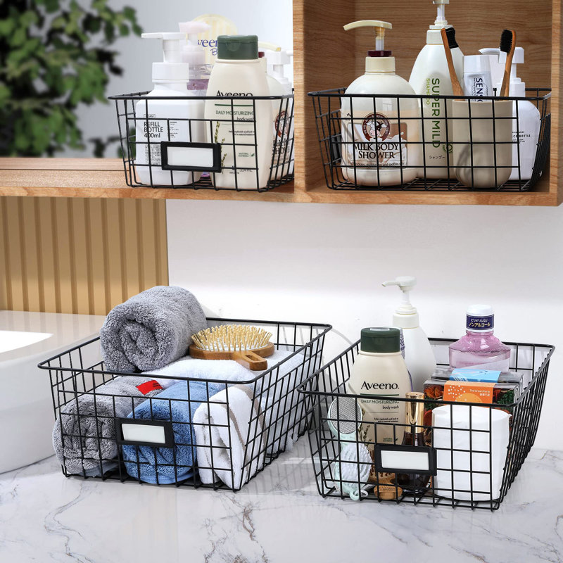 Extra Large Black Metal Wire Storage Baskets with Labels, Set of 6