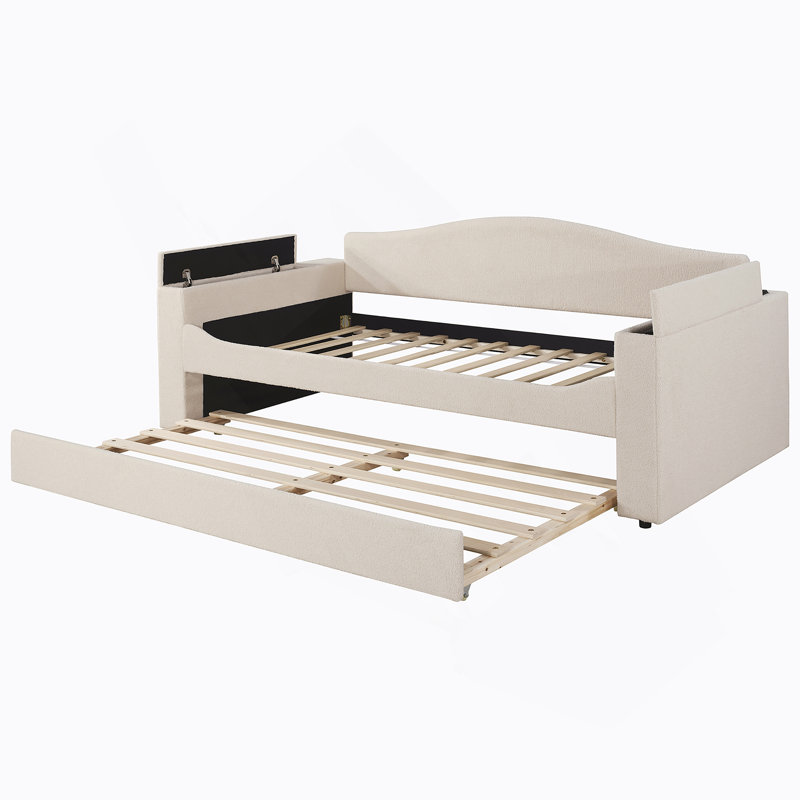 Upholstered Daybed with Storage Armrests, Trundle and Latest Integrated Bluetooth Audio System, Beige, Twin