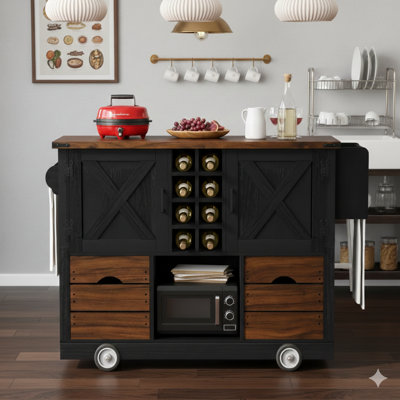 54-Inch Farmhouse Kitchen Island Featuring Fold-Down Leaf, Electrical Outlet, 2-Door and 2-Drawer Storage Cart, 4 Oversized Casters, Spice Rack Compartment – Ideal for Kitchen and Dining Spaces, Black Finish