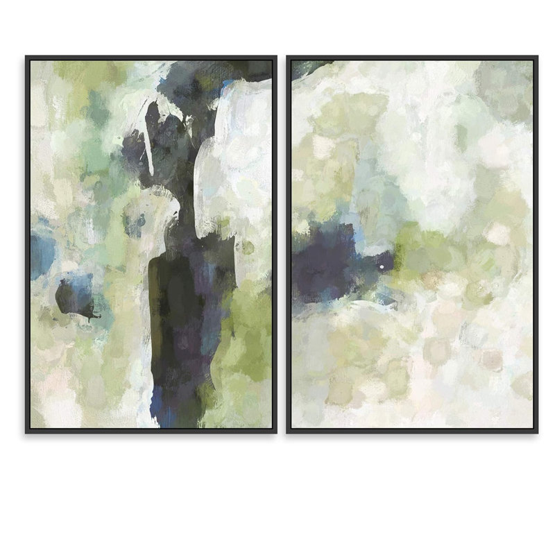 «Feuilles de la jungle bleue sur des vagues de couleur rose et verte», 2 pièces, H 36 po x l 24 po, Noir