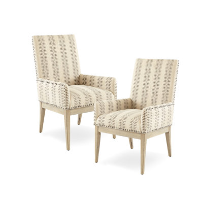 2 fauteuils de salle à manger à dossier haut - pieds en bois massif, garniture accentuée bronze, revêtement naturel, 2 pièces de chaises avec accoudoirs, sièges rembourrés, thème