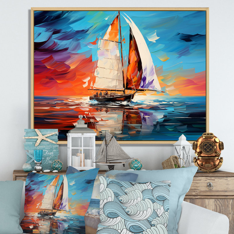 Voilier abstrait maritime I, H 34 po x l 44 po x P 1,5 po, Cadre naturel flottant