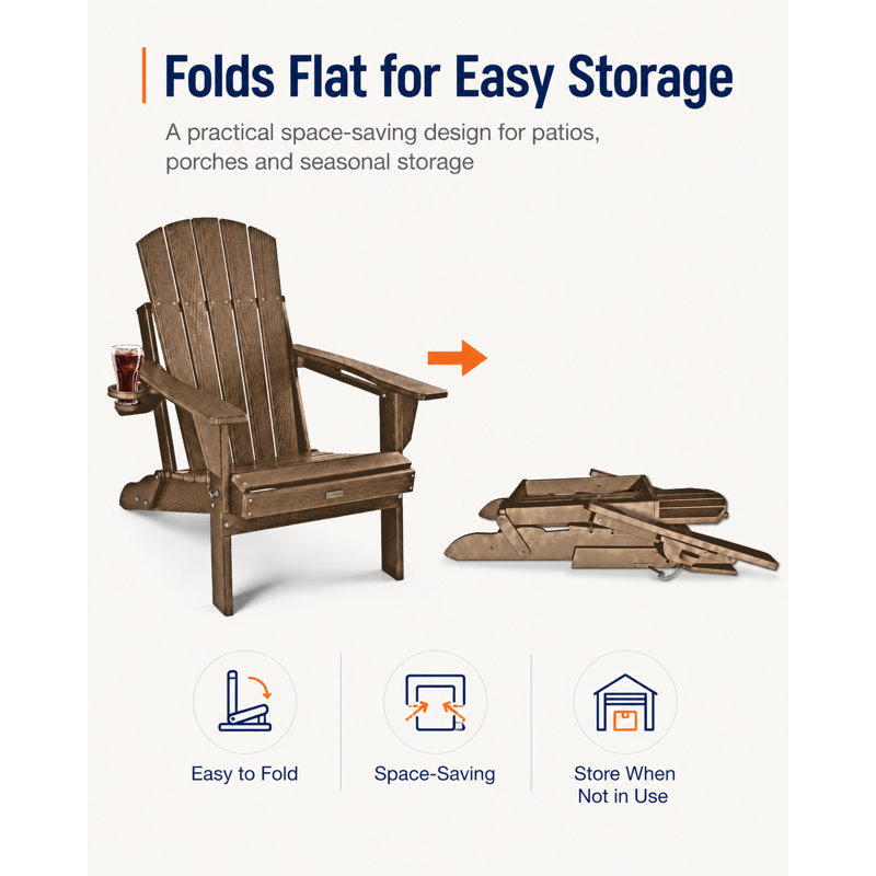 Foldable Adirondack Chair with Cup Holder, Weather-Resistant Wood-Look Outdoor Lounge Chair for Patio, Porch, Deck and Lawn, Teak