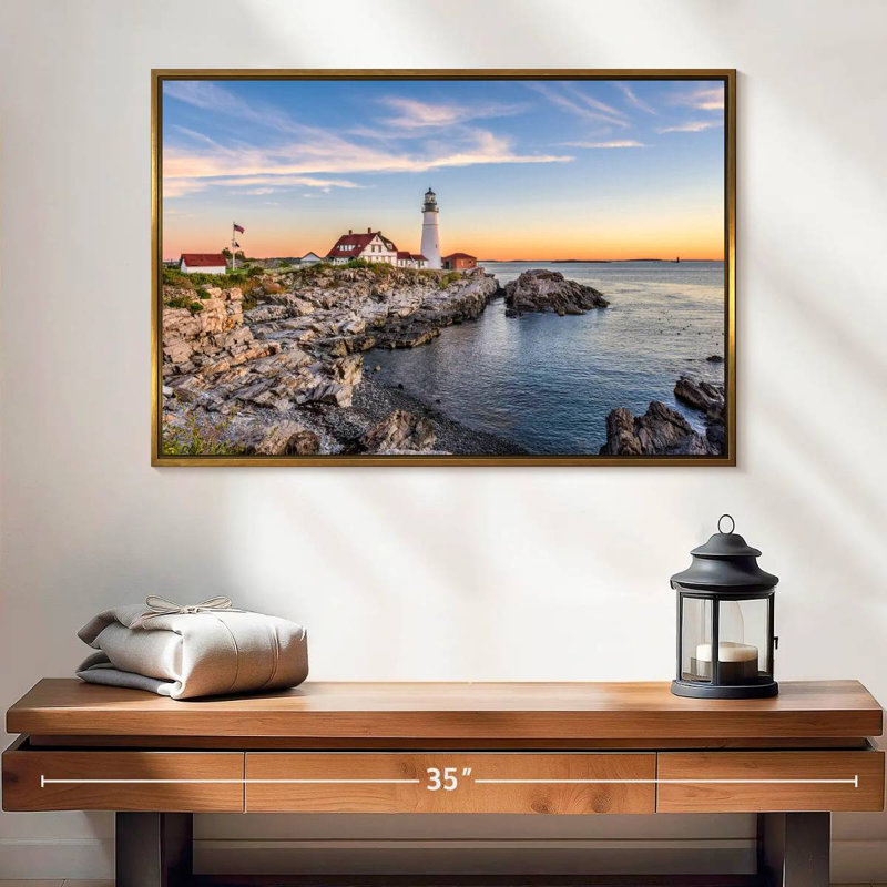 Coucher de soleil sur le phare de Portland Head, 25 po x 17 po, Cadre flottant doré