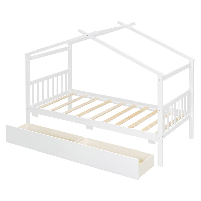 Lit simple en bois avec tiroirs, Blanc