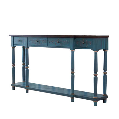 Vintage Blue Console Table with Hand-Painted Floral Details