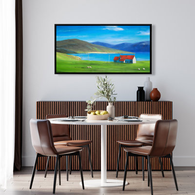 Scottish Highlands With A Little Red Roof House Print On Canvas