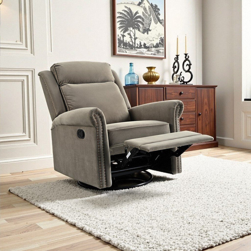 Manual Recliner Swivel Rocker Chair With 360° Rotation Adjustable Backrest 90°-150° And Velvet Upholstery, Light Brown