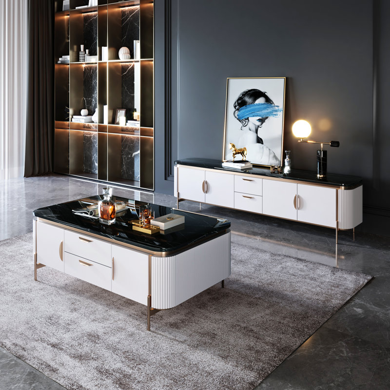 Scarlett Marble Top Glossy With Drawer Tv Stand In Black/white 
