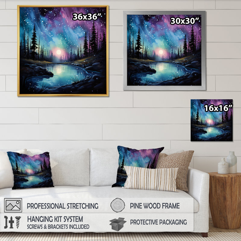 Aurores boréales dansant sur une reproduction sur toile, Cadre flottant noir, H 30 po x l 30 po x P 1 po
