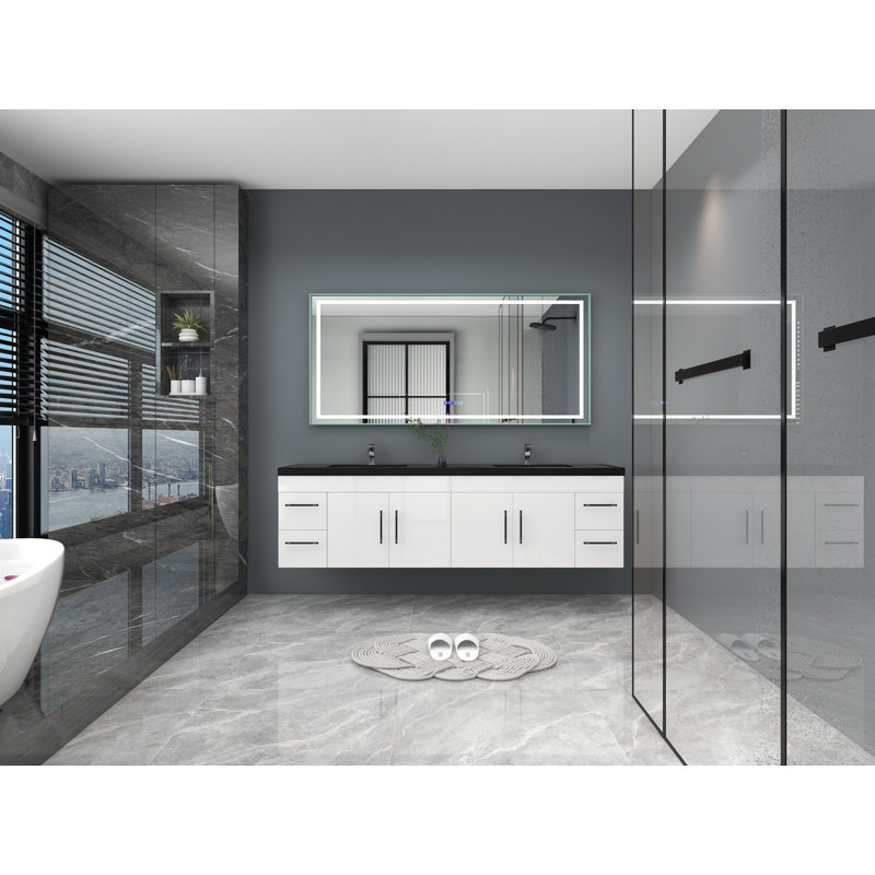 Ensemble de meuble-lavabo double mural 84 po Camorah, Blanc très luisant, Noir mat
