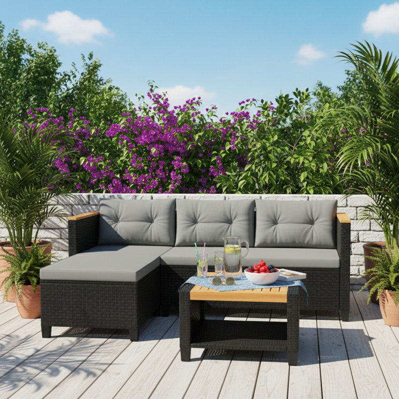 Ensemble de patio en osier 3 pièces en L avec coussins gris et table de rangement en bois d'acacia pour espaces extérieurs compacts