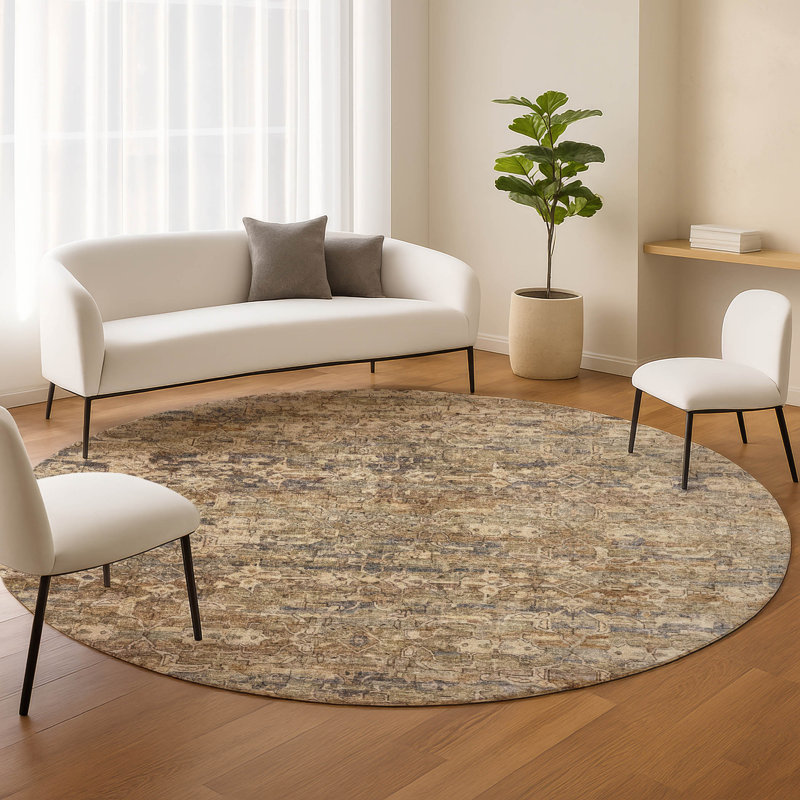 Machine Washable Indoor/Outdoor Hashlamoun ACN2324 Ikat Rug, Round 8'