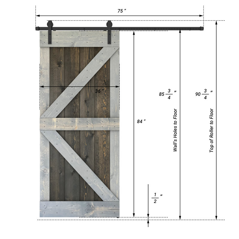 Porte de grange lambrissée peinte en bois et en métal, 36 po x 84 po, Acajou / gris