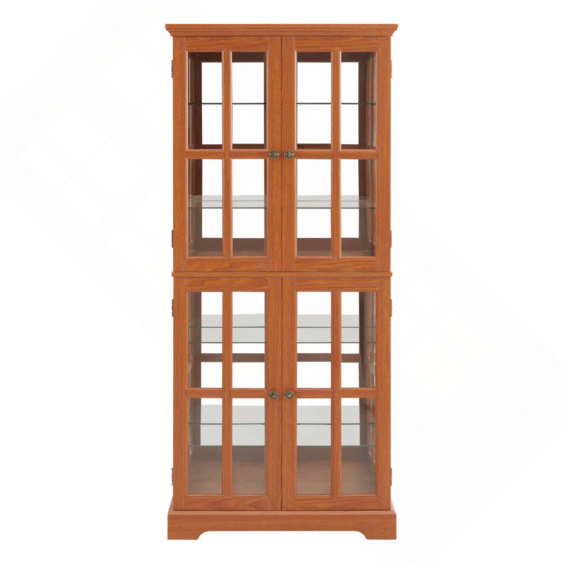 Antique Curio Display Cabinet With 4 Glass Doors, Adjustable Shelves For Home Or Office(E26 Bulb Included), Dark Oak