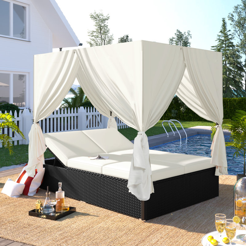 Outdoor Patio Wicker Sunbed With Cushions - Adjustable Seats, Shade Curtains For Garden/poolside, Beige