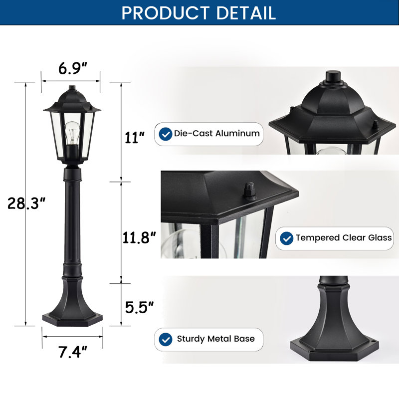Lampadaire d'extérieur de 7,4 po avec luminaire extérieur câblé noir avec base de montage