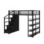 Lit mezzanine en métal avec tablettes de rangement, armoires et garde-robe
