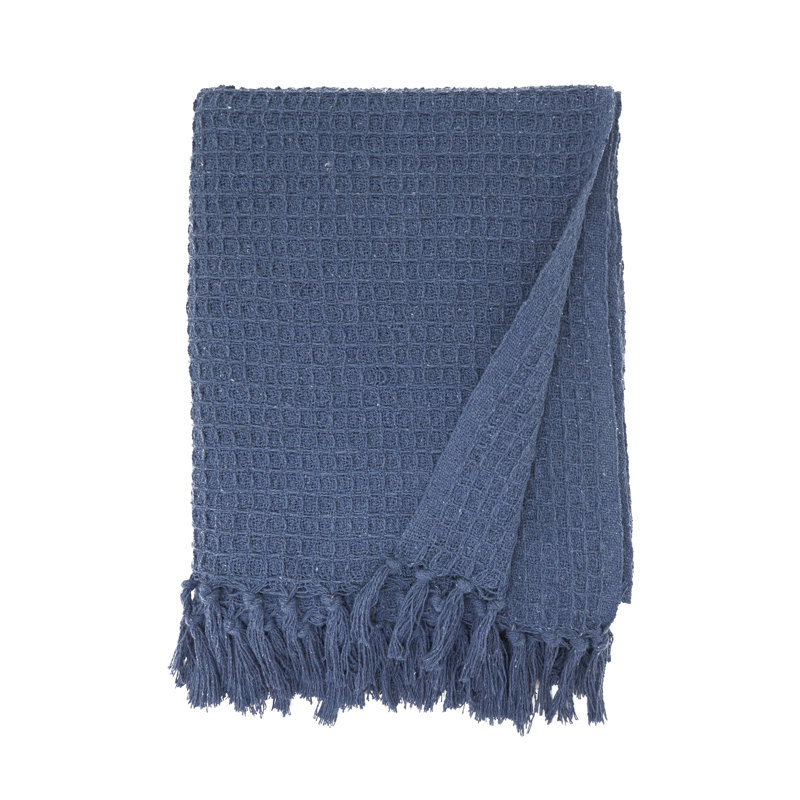 Jeté en coton avec pompons Waffle, Bleu