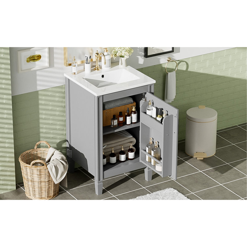 Meuble-lavabo gris de 20 po avec lavabo en céramique, porte à fermeture en douceur, tablette ajustable en forme de U, support de rangement pour porte, armoire autoportante moderne pour les petites salles de bain