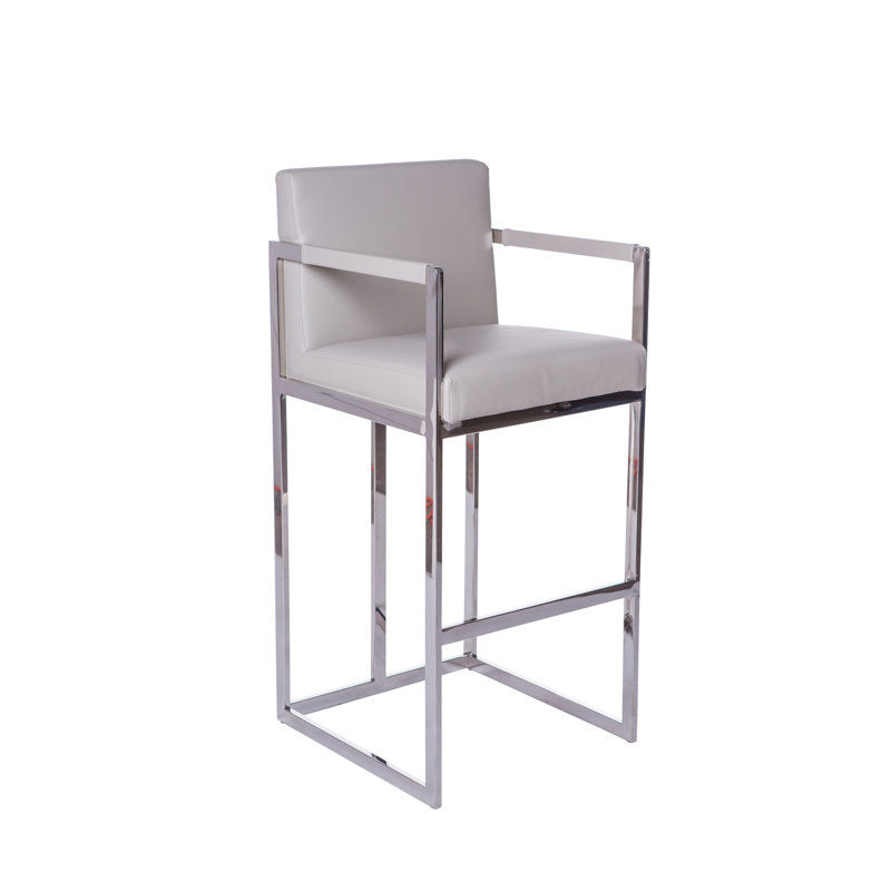 Upholstered Counter Stool with Metal Frame, White, Chrome