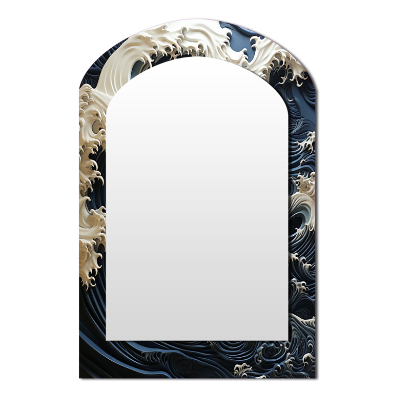 Abstrait bleu et blanc océan tempête - miroir asymétrique côtier, miroir mural décoratif arche bleue, impression d'art en métal