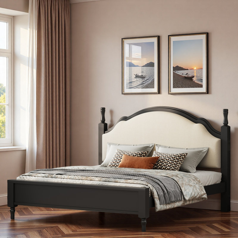 Lit plateforme en bois avec tête de lit tapissier et pieds robustes, King, Black