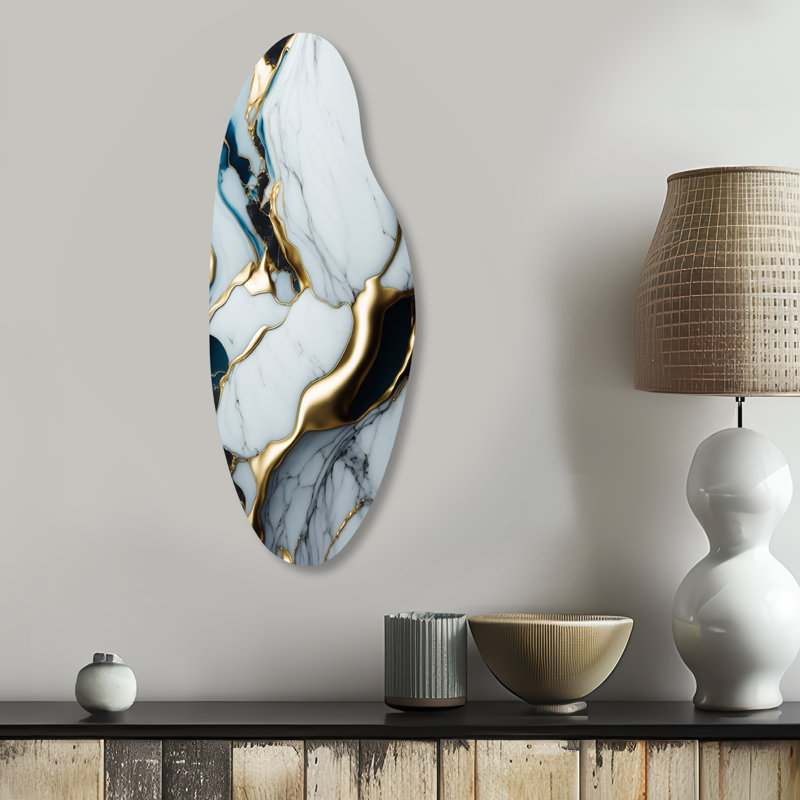 Abstract Geode Gold And White Marble II - Marble Asymmetrical Metal Wall Art, Modern Curved Metal Art Print