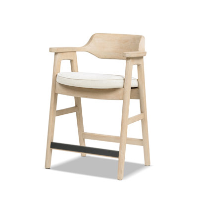 Tabouret de bar Hayes de 91 cm de haut, en pin recyclé et rembourré, marron clair, chenille beige clair douce.