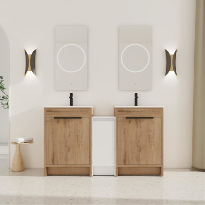 Meuble-lavabo 60 po avec lavabo et rangement en céramique. Attrait moderne, porte à fermeture douce, contreplaqué robuste. Tablettes réglables pour un rangement efficace. Poignées en métal pour une finition élégante de 60 po