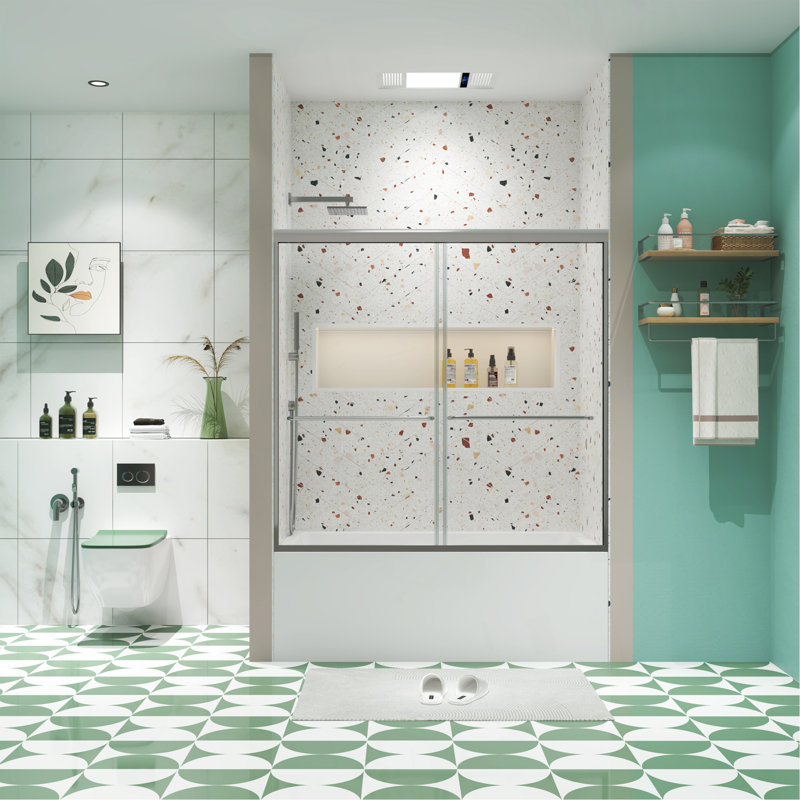Porte de douche de baignoire, porte coulissante, avec verre trempé de 1/4 po 56-60 po x 58 po, Chrome
