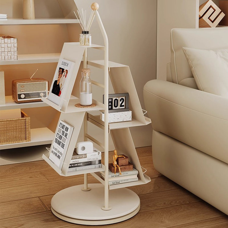 Cream White Modern Iron Rotating Bookshelf, Cream White