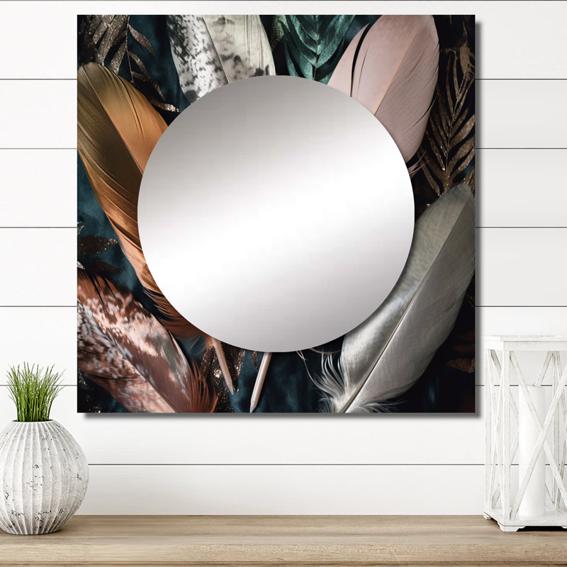 Nehemiyah - Glam Feather Large Square Mirror Wall Decor For Bedroom, 29" x 29"