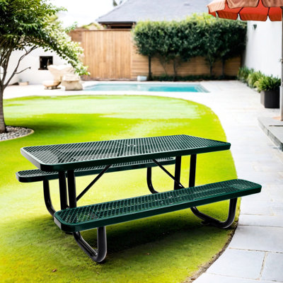 6 pi Table de pique-nique rectangulaire en acier avec porte-parapluie, mobilier d'extérieur, largeur spacieuse de 62,67 pouces pour les pique-niques, surface en métal facile à nettoyer, idéale pour un terrain de camping, un jardin, une fente de patio