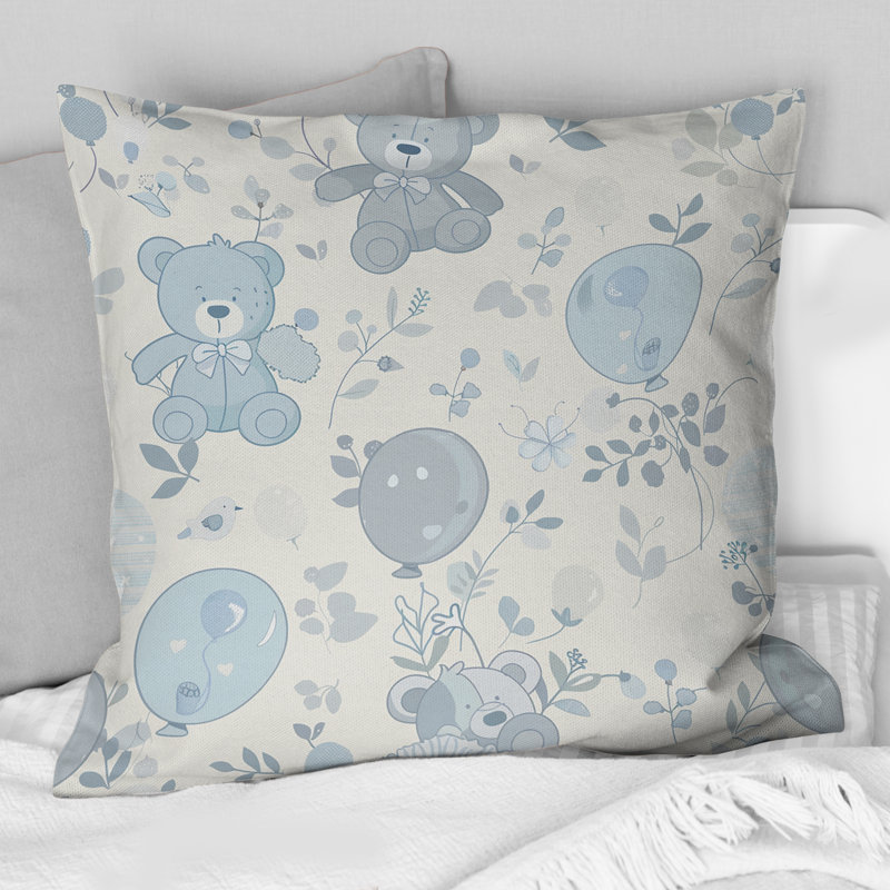 Papier peint à motif de nounours rétro bleu et beige I - Coussin décoratif rétro, H 18 po x l 18 po