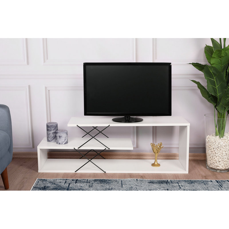 Modern White TV Stand with Numerous Shelves, 47.2 x 15.7 x 15.7 Inches | 100% Melamine Coated Particle Board, Thickness: 0.7 Inches | Stylish Storage Solution for Living Room, Elegant Design & Durable Construction