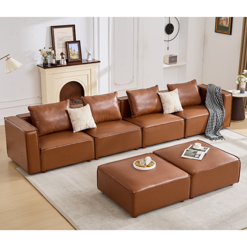 6-Piece 152.76” Leather Upholstered Sectional Sofa, Brown