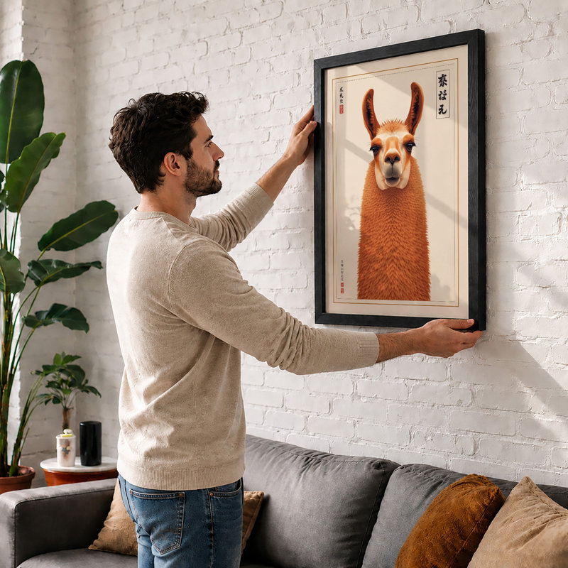 Gentle Llama Portrait Japandi - Framed Print, A2 - 59.4 x 42.0 cm, Oak