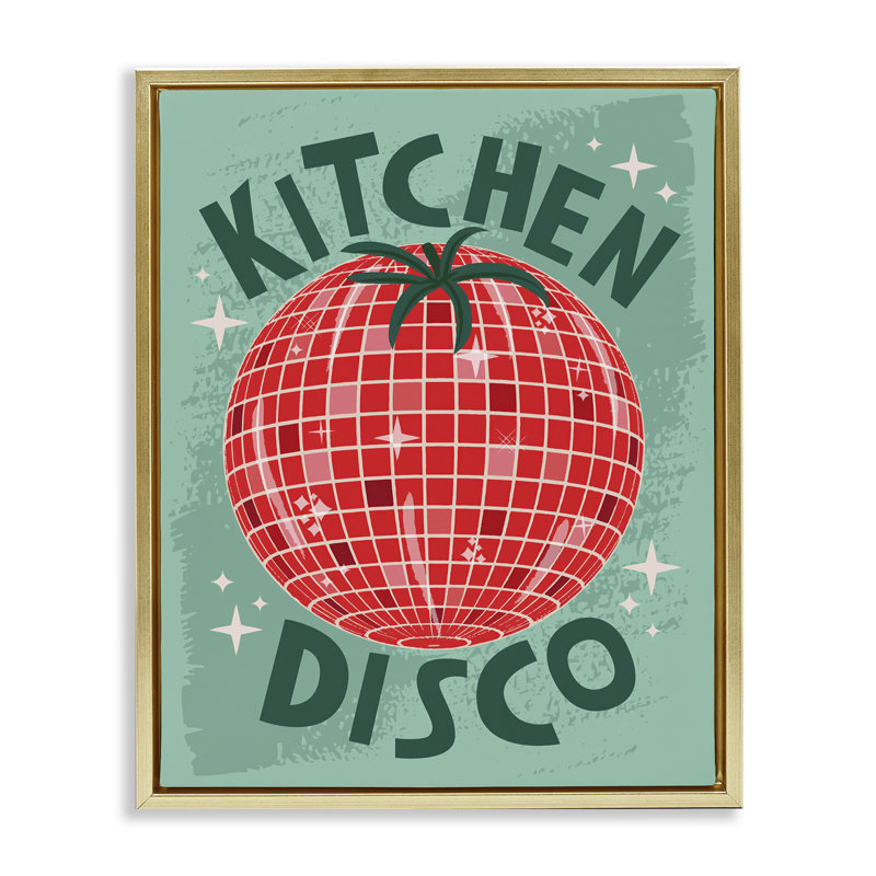  «Kitchen Disco Tomato», art mural sur toile par Lisa Perry White, H 31 po x l 25 po, Cadre flottant métallique doré