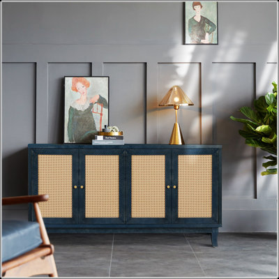 Antique Blue Wooden Accent Storage Cabinet with 4 Doors, Rattan Design, and Versatile Decor Compatibility