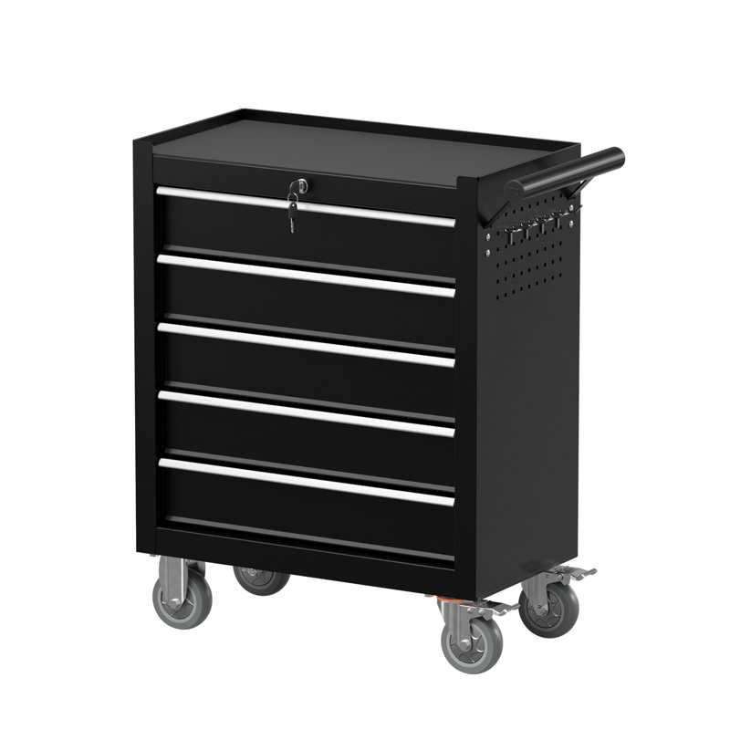31.1'' Tool Box With 4 Rolling Wheels, 5-Drawer Metal Storage Chest (Black), Black