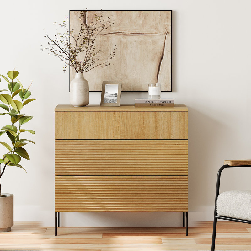 Union Rustic 31.5" Wood Accent Chest With Drawers, Modern Credenza Storage Cabinet With Reeded Design For Living Room, Kitchen, Dining Room, Hallway