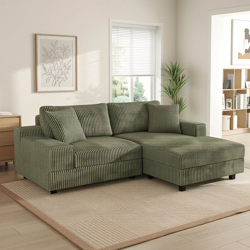 Canapé modulaire convertible en velours côtelé de 73 po avec méridienne, Velours côtelé vert