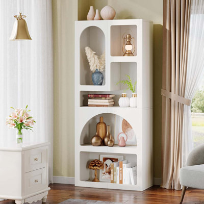 70.87” Tall White Geometric Arched 5-Shelf Art Display Bookcase For Living Room, Office, Bedroom
