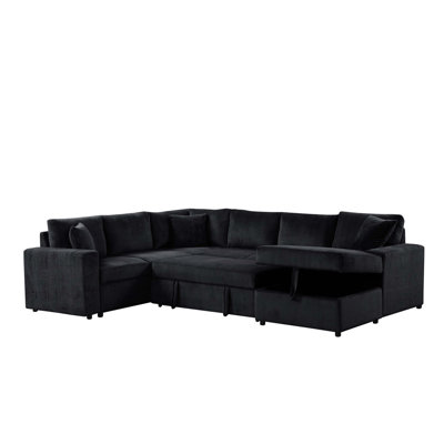123"W Corduroy Sleeper Sectional Sofa With Right-Facing Storage Chaise And Throw Pillows