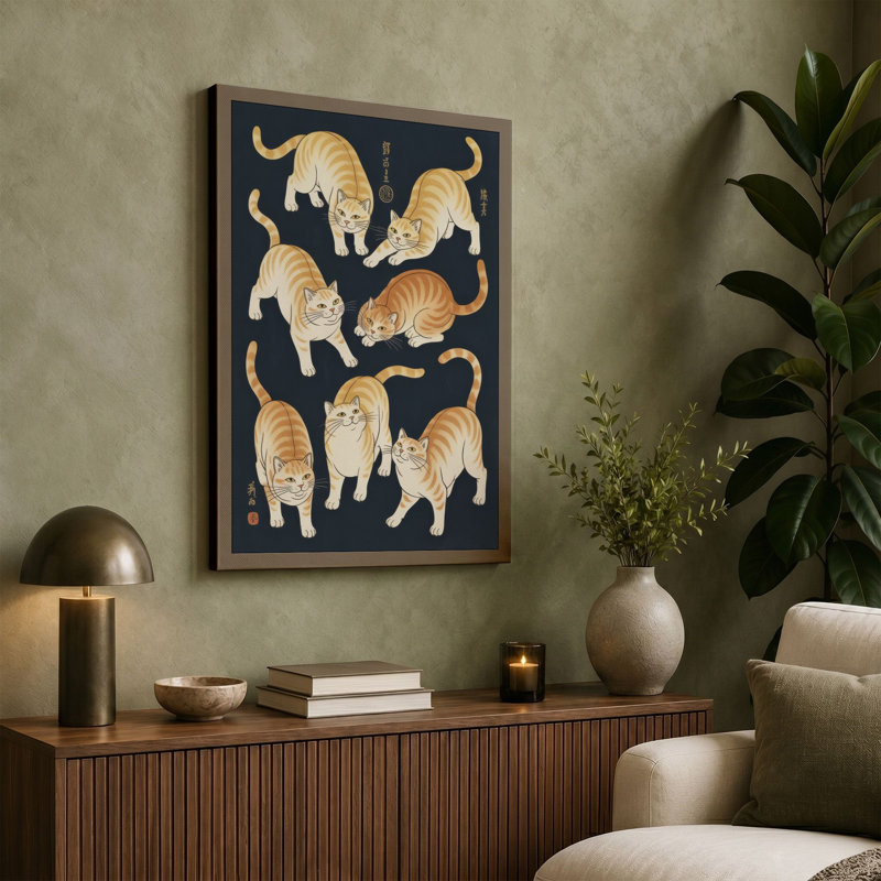 Seven Tabby Cats Japandi - Wrapped Canvas, 36x24 - 91.4 x 61.0 cm, Teal Border