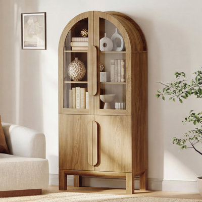 71"H Arched Bookshelf, Modern 5 Tier Bookcase With Cabinet, Wooden Display Cabinet With Glass Doors And Adjustable Shelves, Versatile Bookshelf For Living Room, Study, Office